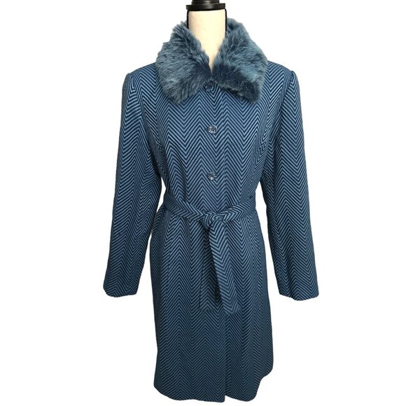 Randolph Duke Blue Coat THE LOOK Blue Chevron Pattern Trench VINTAGE Size 16